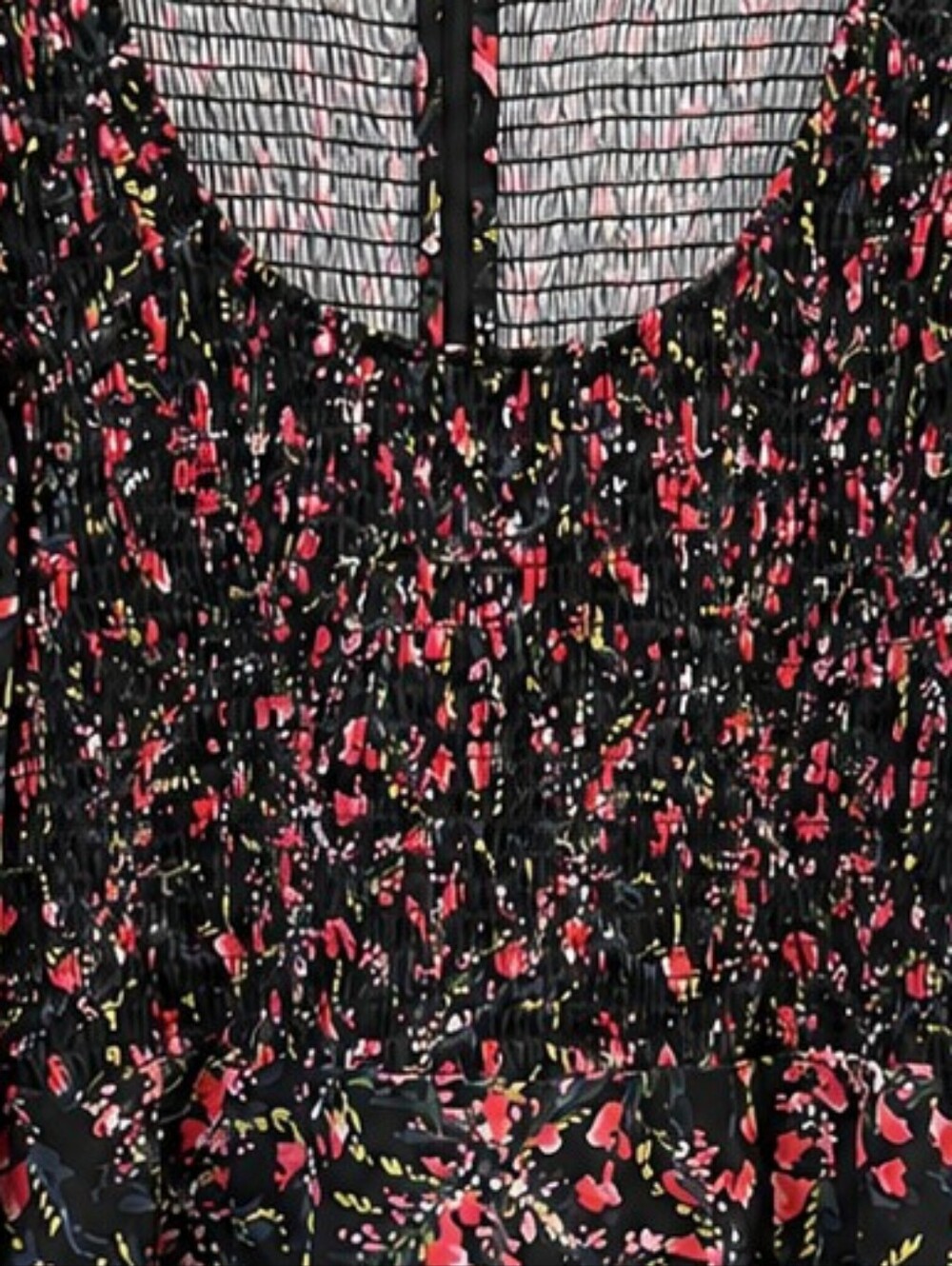 French Connection Black Floral Smocked Mini Dress with Pink Accents Fit & Flare - Picture 5 of 7